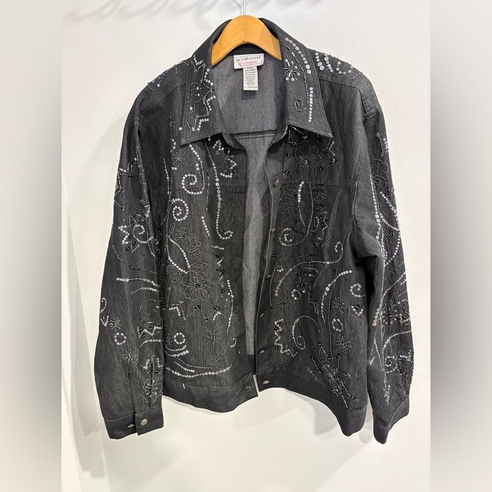 Victor Costa Black Light Weight Jean Jacket with Silver Embellishments